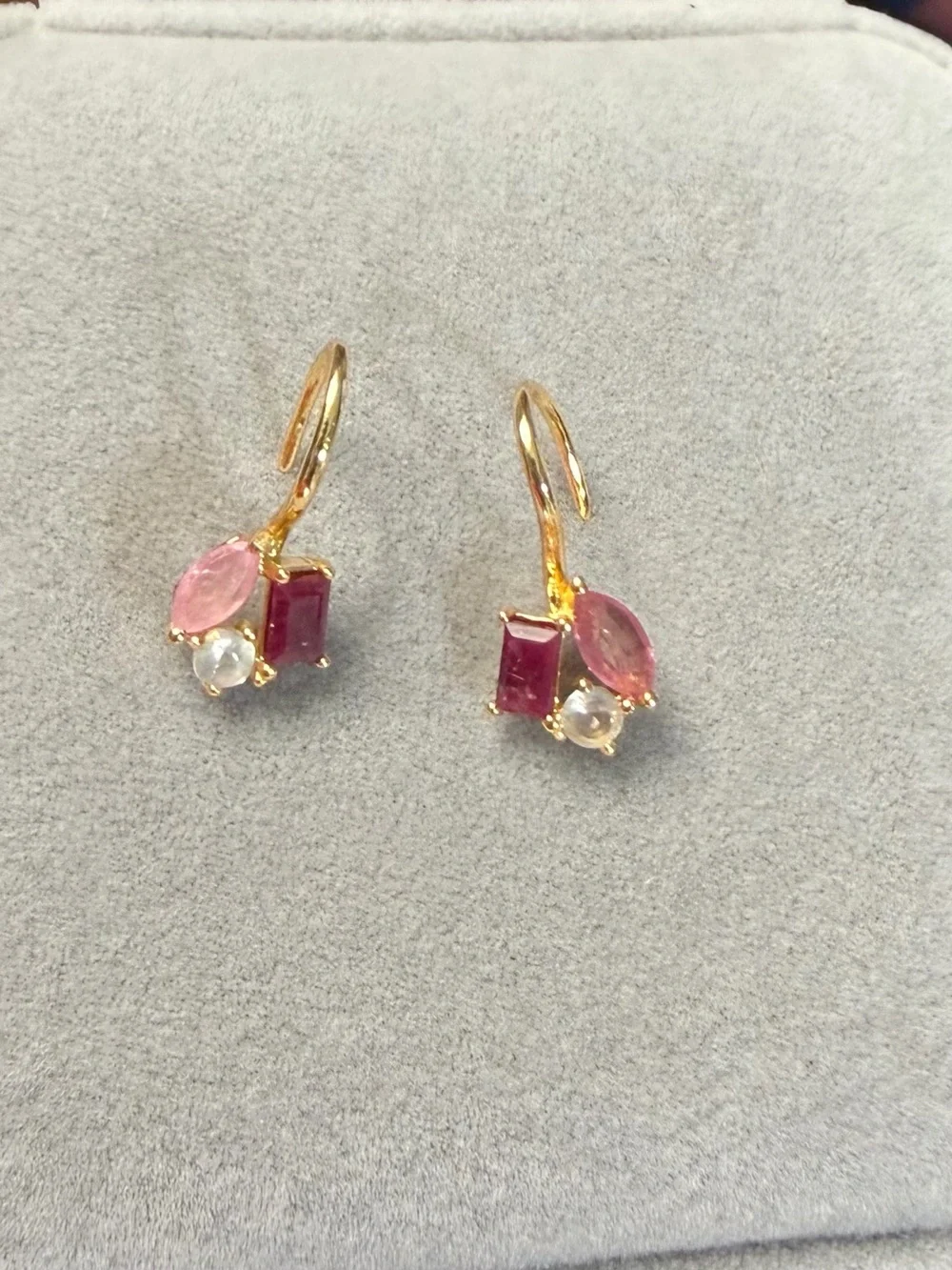 Stunning Natural 1.10CT Red & Pink Ruby & Topaz French Hook 18K Gold Earrings